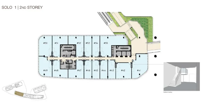 Woods Square SOLO 1 — 2nd Storey floor plan with unit numbers and sizes