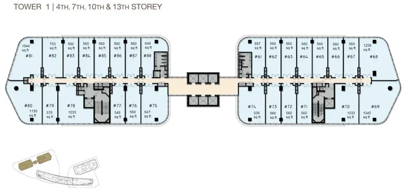 Woods Square Tower 1 — 10th Storey floor plan with unit numbers and sizes