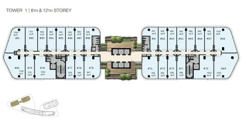 Woods Square Tower 1 — 12th Storey floor plan with unit numbers and sizes