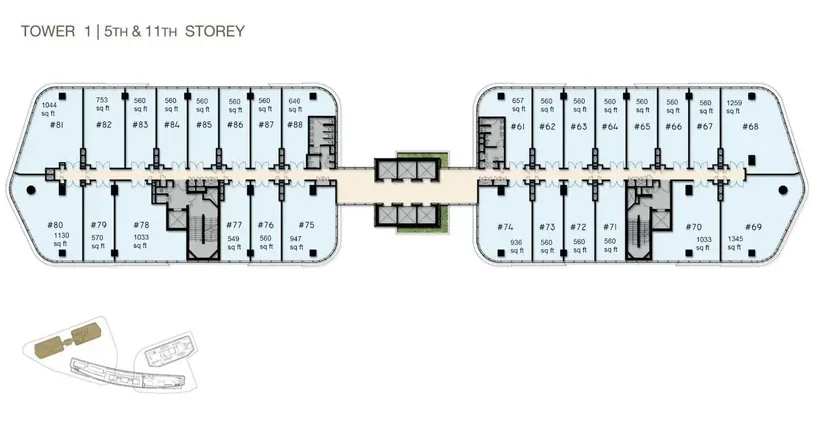 Woods Square Tower 1 — 5th Storey floor plan with unit numbers and sizes